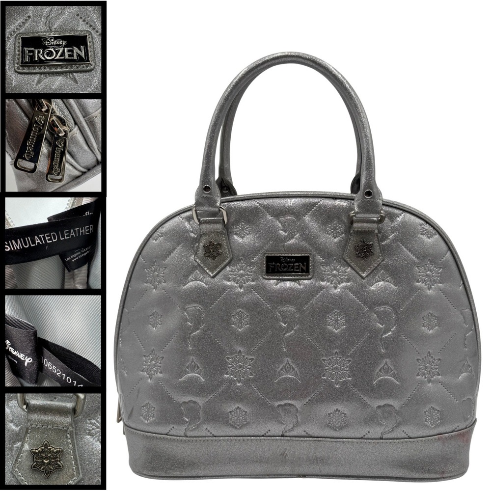 Disney Frozen Dome Satchel Glitter Handbag Silver Faux Leather Quilted Loungefly